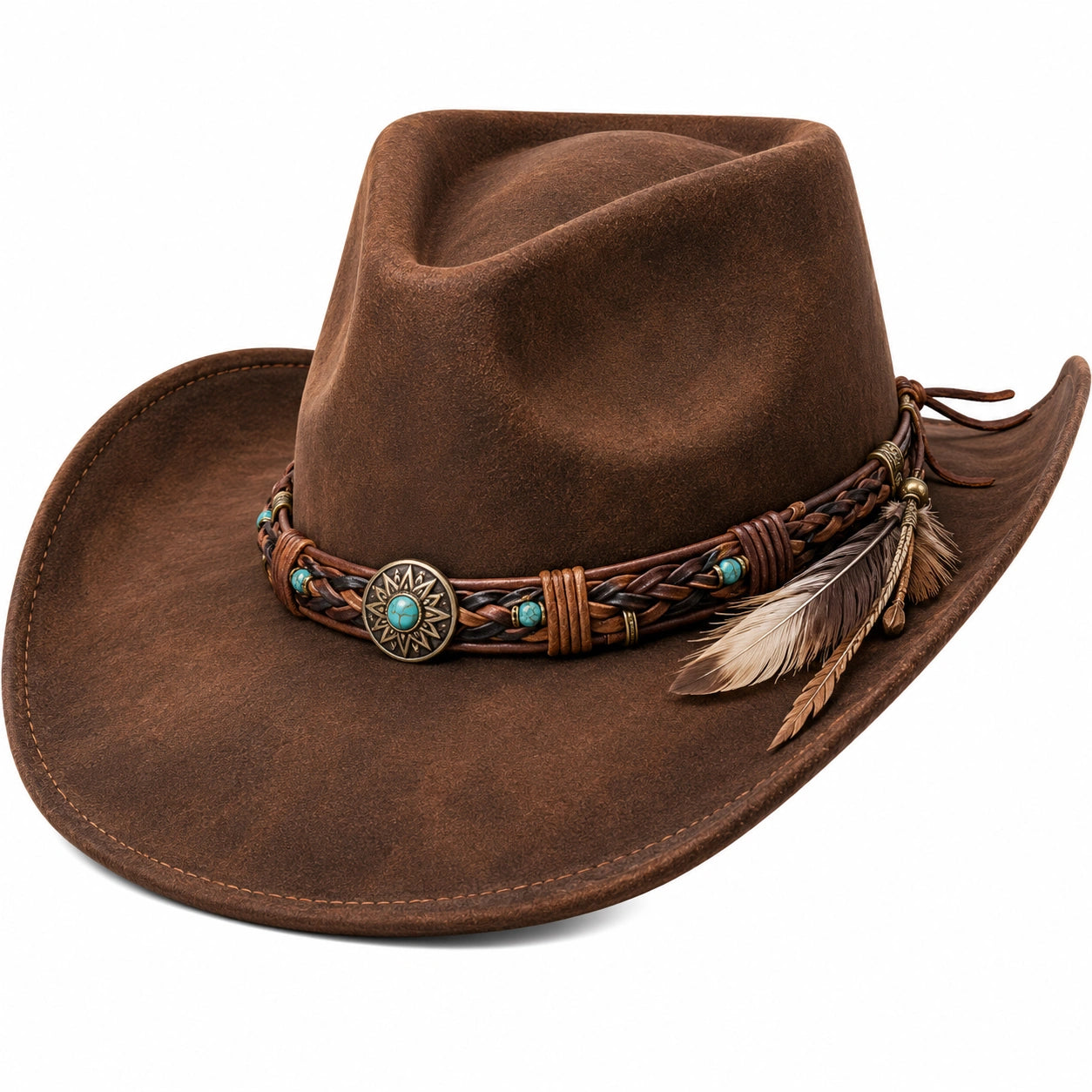 Brauner Cowboyhut mit Federn und Zierband