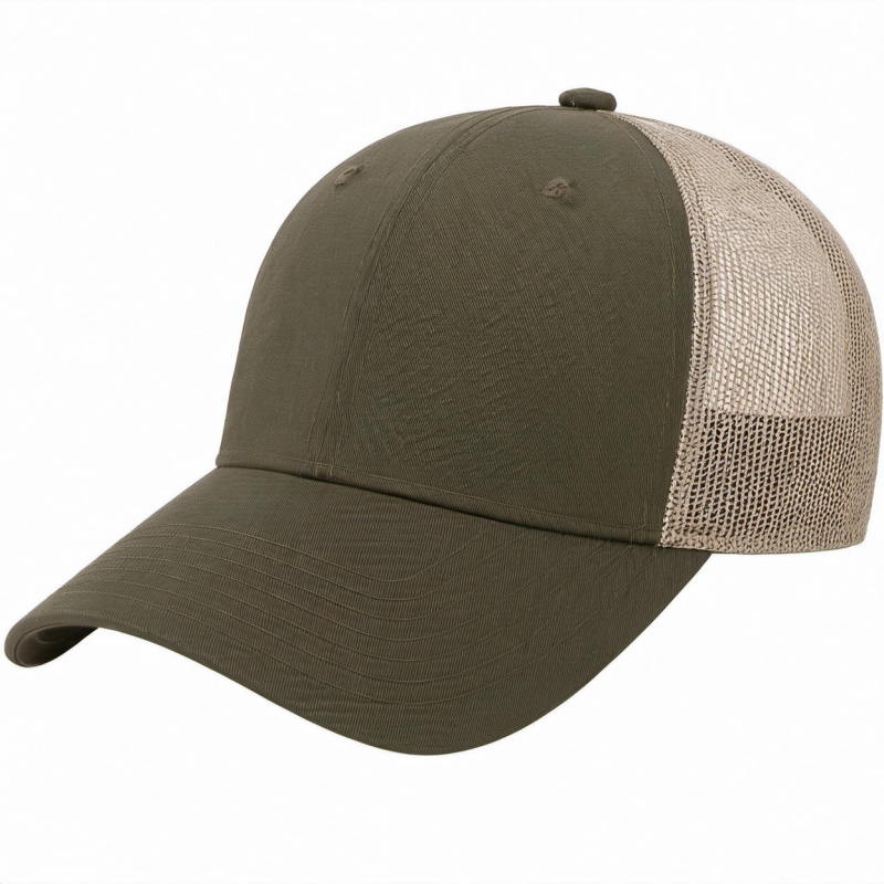 Unisex Basecap mit Netzrückseite in Olivgrün und Beige