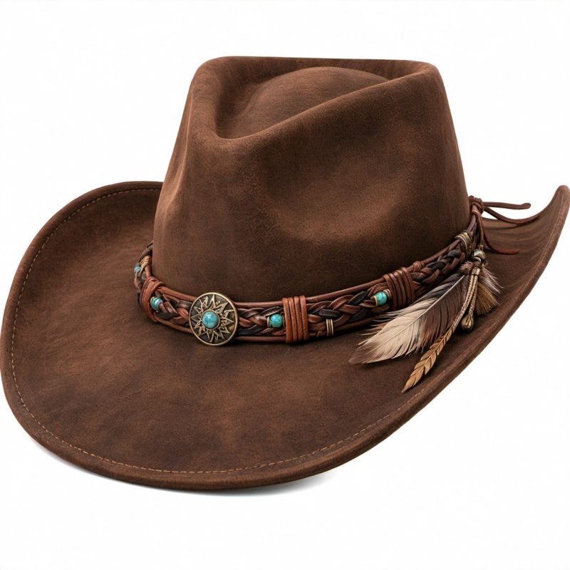 Brauner Cowboyhut mit Federn und Zierband