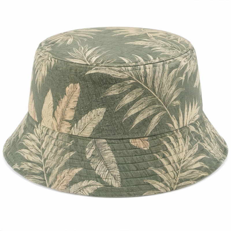 Unisex Fischerhut mit tropischem Palmenmuster in Grün und Beige